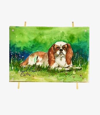 #ad Dog Painting King Charles Cavalier Watercolor in Acrylic Metal Frame Art Decor $155.00