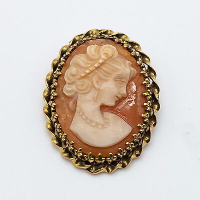 #ad Vtg 14K Gold Carved Shell Cameo Brooch Pendant Etruscan Woman Pin Detailed $179.99