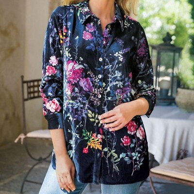 #ad #ad Soft Surroundings Jardim Floral Velvet Button Down Shirt Size Petite Large Navy $34.99