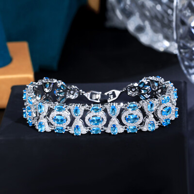 #ad Silver Plated Light Blue CZ Oval Drop Shape Tennis Chain Link Bracelet for Bride $12.60