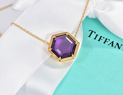 #ad Tiffany amp; Co 18K Gold Paloma#x27;s Studio Amethyst Hexagon Pendant 18quot; Necklace Rare $2699.99
