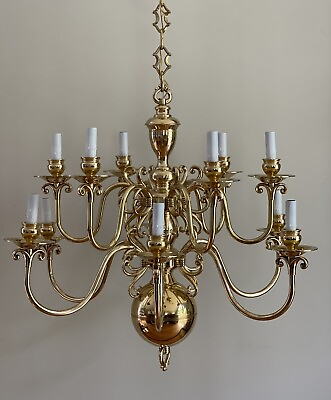 #ad Monumental Solid Brass 12 Light Chandelier French Colonial Georgian 32” Vintage $3500.00