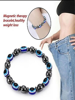 #ad 1pc Ladies Stretch Magnetic Bracelet Blue Eye Flat Bead Charm $5.00