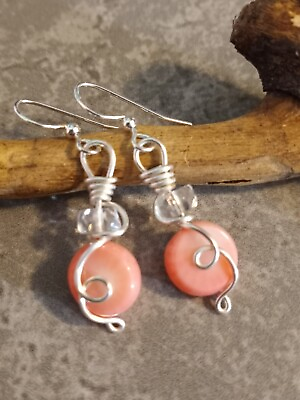 #ad UNIQUE SMALL PRETTY NATURAL CORAL BEADS CRYSTAL SILVER WIRE LOOP WRAP EARRINGS $6.99