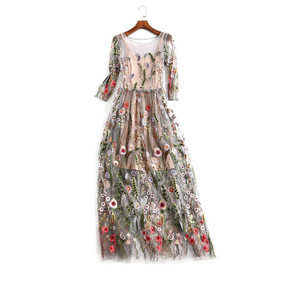 #ad Women Long Floral Embroidered Dress Half Sleeve Tulle Dress Elegant Slim Waist $31.89