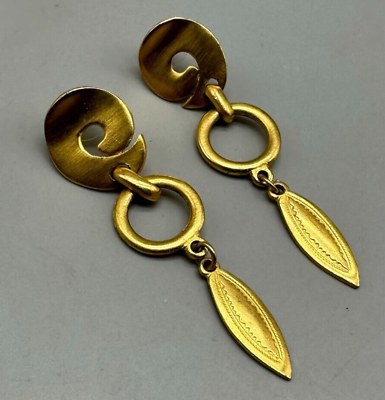 #ad Vintage Earrings Gold Tone Matte Dangle Statement Pierced 80s 90s Jewelry $16.99
