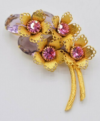 #ad Vintage Flower Pin Brooch Brushed Gold Austrian Crystal Floral Pink 1980s BinAC $29.56