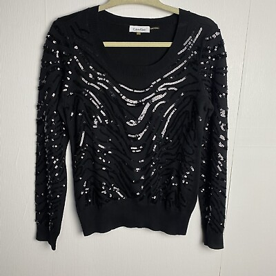 #ad Calvin Klein Women#x27;s Black Sequins Sweater Knit Top Wool Blend Size Small. $18.99