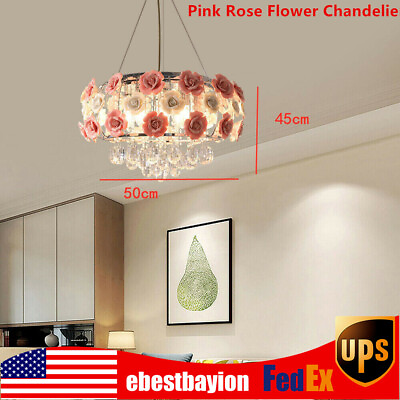 #ad Pink Rose Flower Chandelier Crystal Pendant Lamp Romantic Ceiling Light $75.52