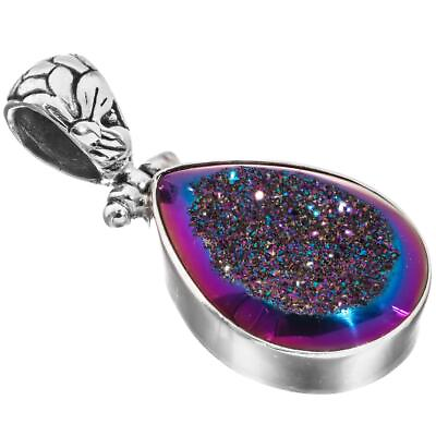 #ad 925 Silver Dainty Teardrop Rainbow Titanium Agate Druzy Sterling Pendant 1 1 8quot; $26.95