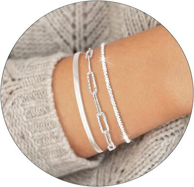 #ad Stylish and Versatile Silver Bracelets for Women Set of 3 Stackable Chain Brac $38.21