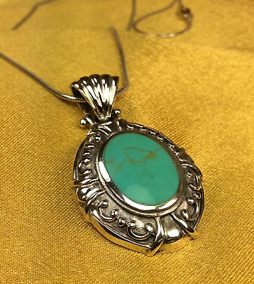 #ad 925 Sterling Silver Turquoise Gemstone Pendant W 18quot; Chain Fine Jewelry $39.58