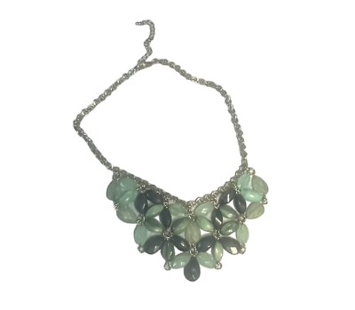 #ad Floral Necklace Green Silver Tone Crystal Denim Tuneup Pendant Design Statement $14.99