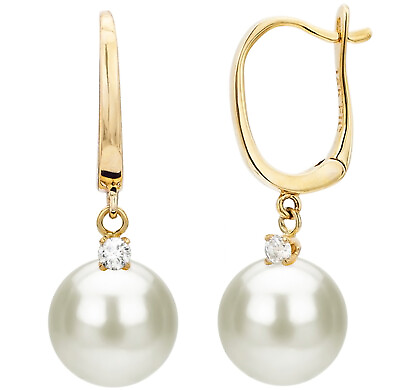 #ad 14k Yellow Gold White Freshwater Pearl Dangle Earrings with 1 10cttw Diamond $549.98
