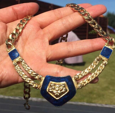 #ad Vintage Trifari Blue Enamel Gold plated egypt chain necklace $105.00