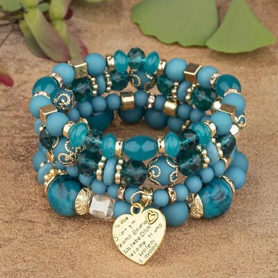 #ad Blue Heart Charm Beads Layered Bracelet Set Bracelet Charm Vintage Jewelry Gift $12.98