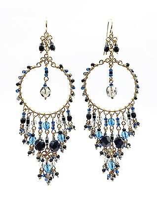 GORGEOUS Artisanal Citrine Teal Blue Black Crystals Gold Chandelier Earrings $19.99