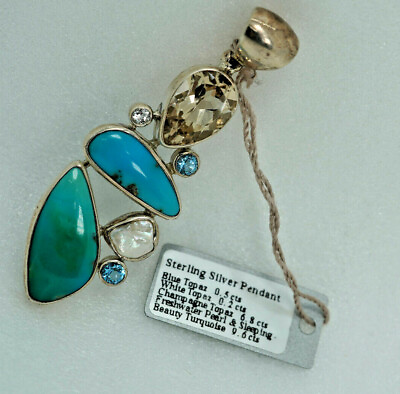 #ad Starborn Creations Silver Turquoise Freshwater Pearl amp; Champagne Topaz Pendant $150.00