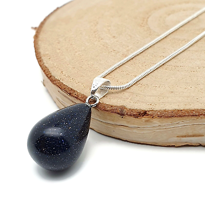 #ad Midnight Blue Sandstone Necklace Teardrop Crystal Pendant Silver Plated Chain GBP 8.98