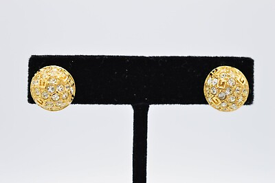 Givenchy Earrings Clip Gold Rhinestone G Logo Vintage Runway Signed 1980s BinH $111.96