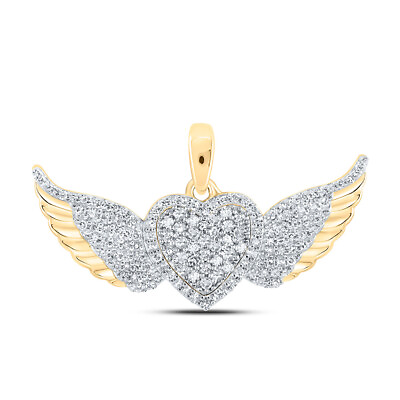 #ad 10K Yellow Gold Womens Round Diamond Diamond Wing Heart Pendant 3 8 Cttw $436.78