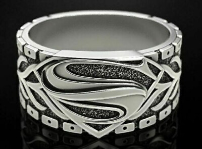 #ad Superhero Man Steel Superman Men#x27;s Oxidized Biker Ring In 935 Argentium Silver $210.00