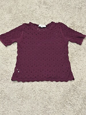 #ad Loft Womens Shirt Petite Size Small Red Open Knit Lightweight Short Sleeve $12.99