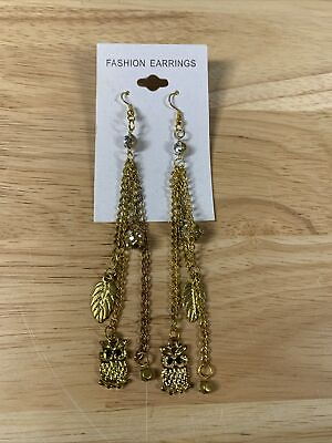 #ad Statement Earrings Long Dangle Gold Tone Leaf Owl Chain Beads Rhinestones Retro $8.95