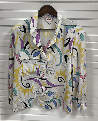 #ad Vtg CEO Women Top Blouse LS Multicolor Geometric Print Button Front Long Sleeve $9.99