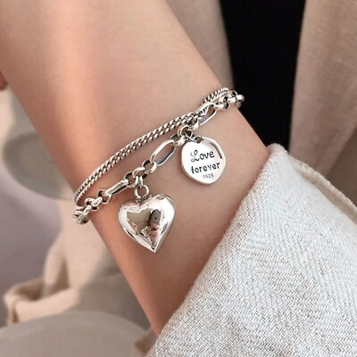 #ad 925 Sterling Silver Vintage Heart Shape Pendant Chain Bracelet Stylish Bangle $8.66
