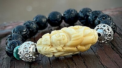 #ad Vintage Tibetan Buddhist Monk Handmade Black Cinnabar Silver Turquoise Bracelet $245.00