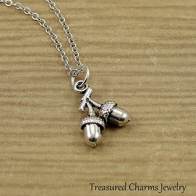 #ad Silver Acorns on Branch Necklace Autumn Fall Nature Nut Charm Pendant NEW $13.95