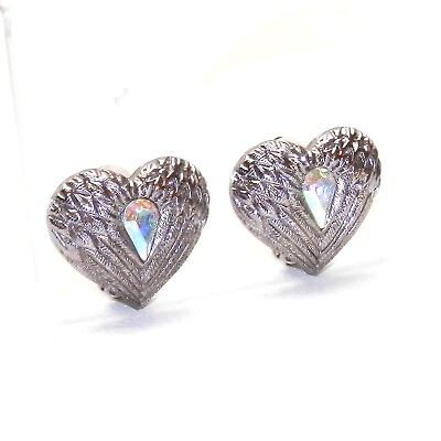 #ad Kirks Folly Rhinestone Aurora Borealis Heart Earrings Clip on Silver Tone Signed $47.05
