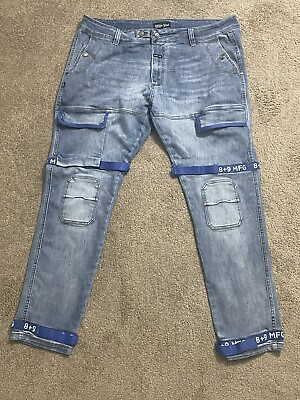 #ad 89 MFG Jeans Mens 42 Blue Vintage Wash Straight Leg Y2K Skater Grunge Blue Strap $42.50