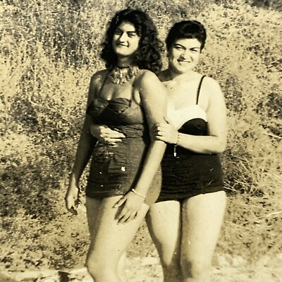 #ad AiD Found Photo Photograph Beautiful Affectionate Women Bathing Suits Beach $14.97