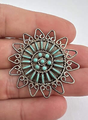 #ad Vintage Zuni Sterling Silver Needle Point Turquoise Sun Brooch Pendant 1.5quot; $125.00