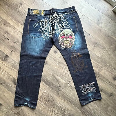 #ad Christian Audigier Jeans 44x34 Embroidered Skull Button Fly Y2K Retro Gangster $199.00