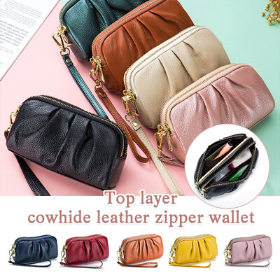 #ad Women Hand Collar Leather Bag Zipper Large Capacity Cowhide Phone Clutch Wallet $13.19