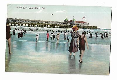 #ad Old Postcard In The Surf Long Beach California Beach Pier Old Bathing Suits $8.25