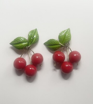 #ad Vintage Retro 1950’s Cherries Enamel Leaves Red Kitschy Dangle Clip On Earrings $18.00