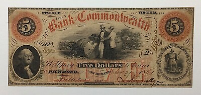 #ad 1861 State of Virginia The Bank Of The Commonwealth Obsolete $5 Banknote 👍 C $329.16