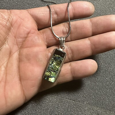 #ad Sterling Silver 925 Rectangular Dichroic Glass Pendant Necklace 18” Snake Chain $59.99