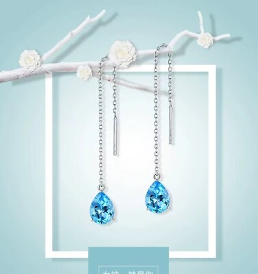 #ad Earrings long sapphire ear line European and American simple blue crystal tassel $12.88