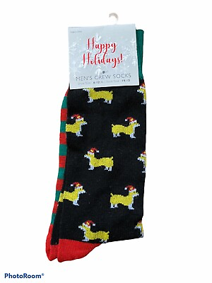 #ad Happy Holidays Mens Crew Socks Black Red Green Christmas Dogs Santa hats New $3.84
