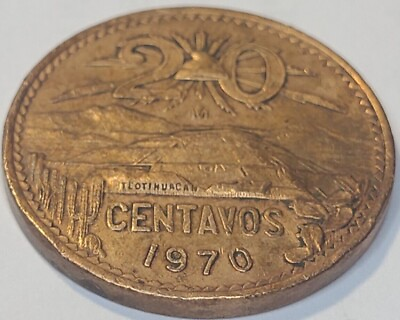 #ad 1970 Mexico 20 Centavos Brass Coin Pyramid of the Sun at Teotihuacán KM#440 $2.00