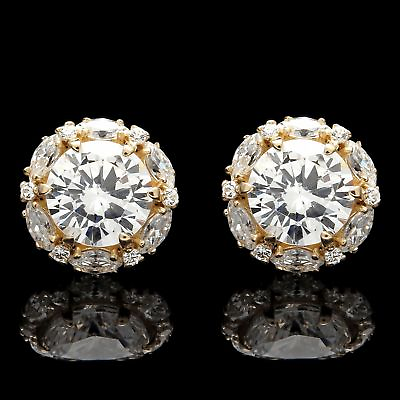 #ad 2CT Halo Marquise Round Simulated Diamond Stud Earrings 14k Solid Yellow Gold $152.99