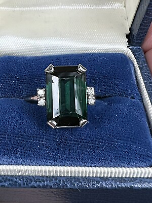 #ad Rectangle Green Tourmaline amp; .12ct Diamonds Ring 14 K White Gold Size 7.5 $669.00
