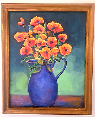 #ad Oil Painting Vase Flowers in Old Blue Pitcher Still Life Framed Original Donalee $395.00
