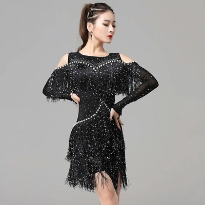 #ad Sexy One Piece Latin Dance Dresses Sling Dress Long Sleeves Fringes Costume $111.83
