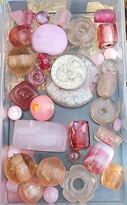 #ad Vintage Modern Rare Pink ANTIQUE Glass TRADE BEADS Foil Murano No Case Floral $17.99